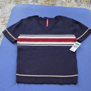 Womens UNIONBAY Navy V-Neck Short-Sleeve Sweater with Striped Chest